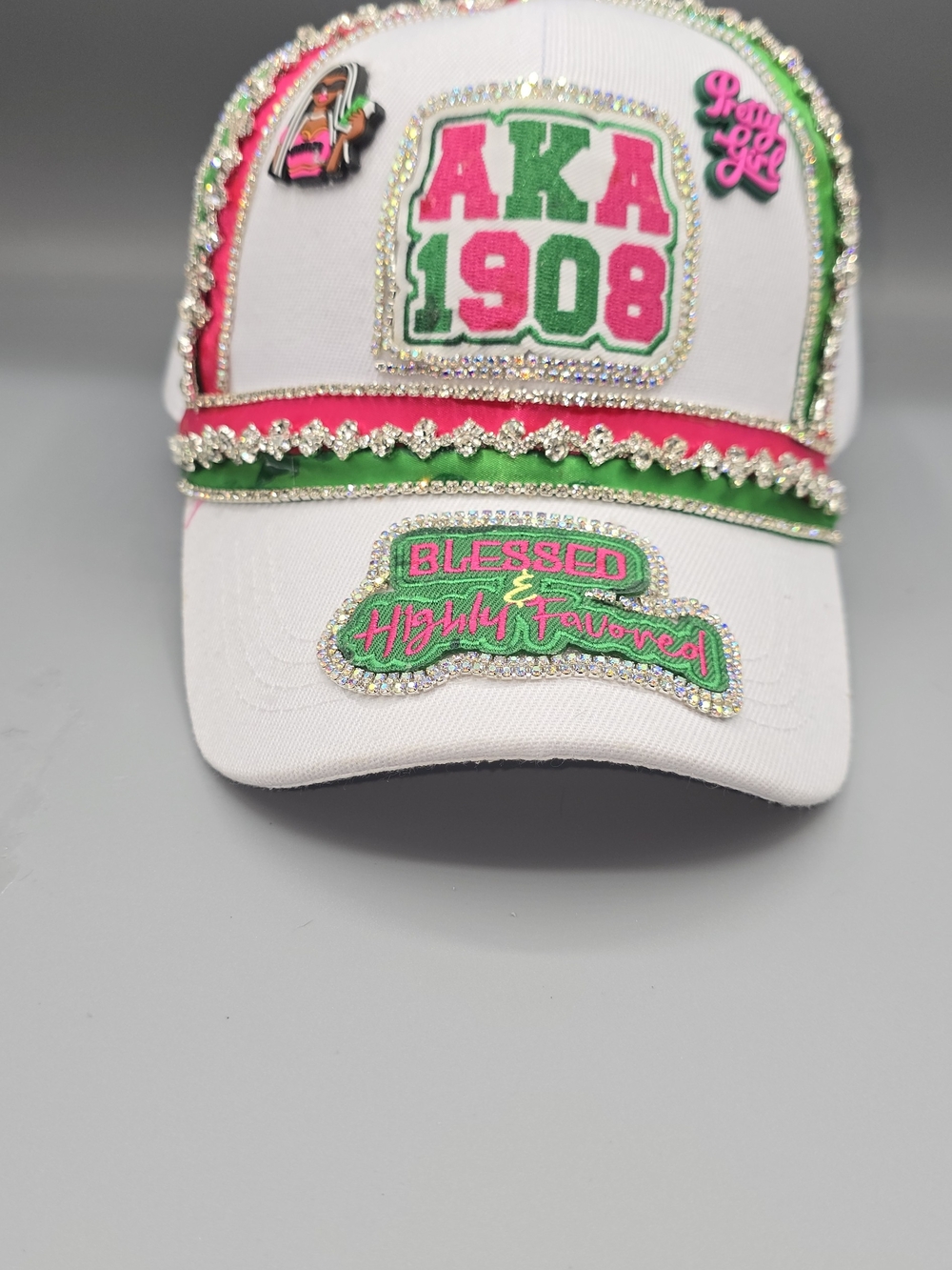 AKA White Cap - Pink & Green Embellished